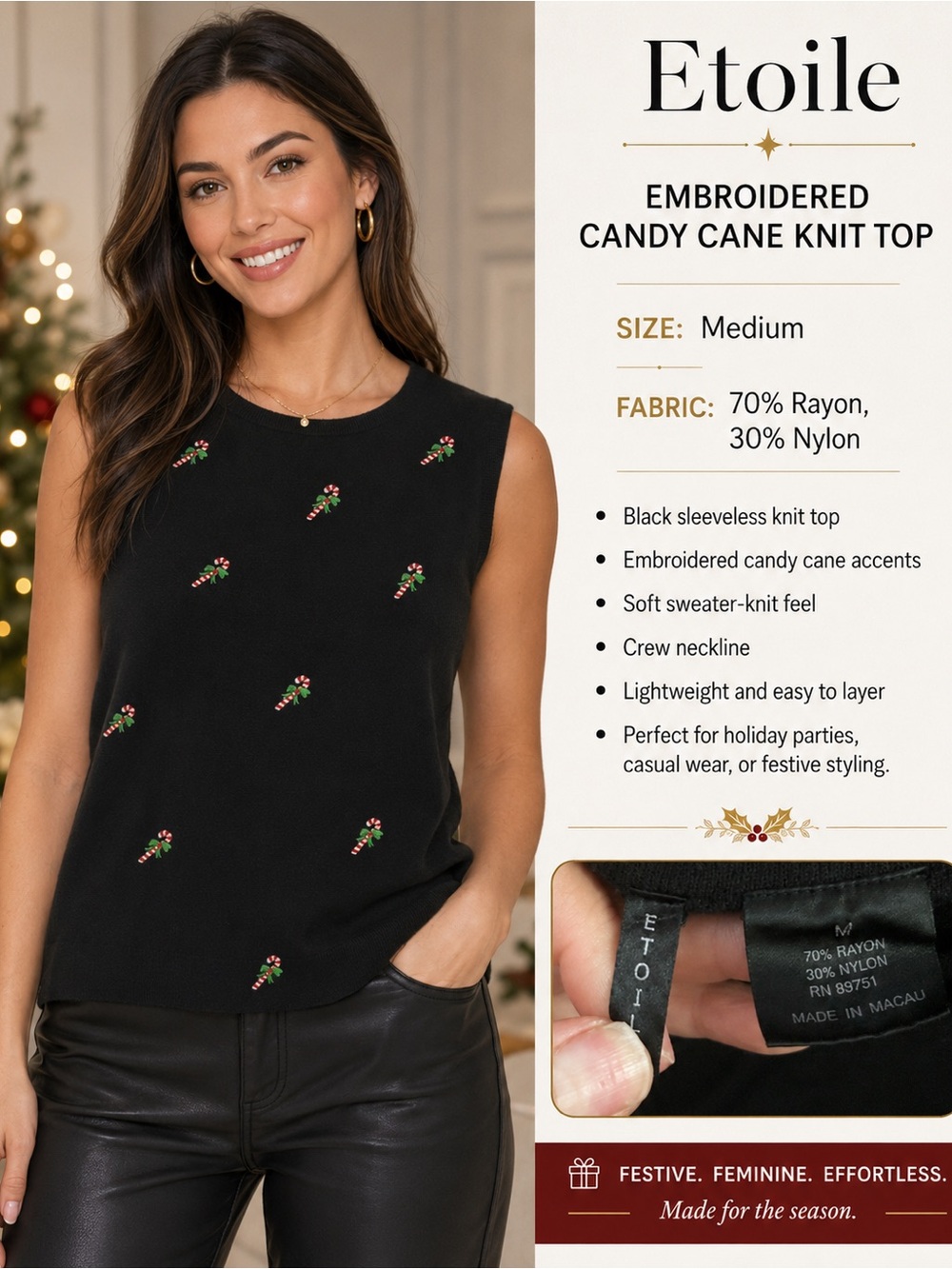 Etoile Black Embroidered Candy Cane Sleeveless Knit Tank